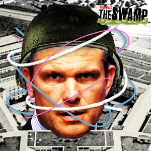 Pete Hegseth with a helmet on in front of the Pentagon with red, pink, and blue lines circling him