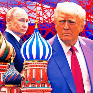 A photo illustration of Vladimir Putin, President Donald Trump, and St. Basil's Cathedral in Moscow, Russia.