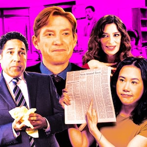 A photo illustration of Oscar Nunez, Domhnall Gleeson, Sabrina Impacciatore, and Ramona Young.