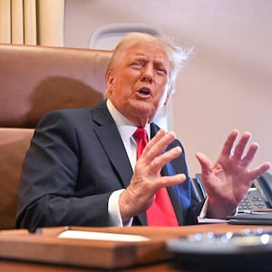 US President Donald Trump speaks to the press after signing a proclamation renaming the Gulf of Mexico as the Gulf of America aboard Air Force One, as it flies over the Gulf enroute to New Orleans, Louisiana on Febrary 09, 2025.