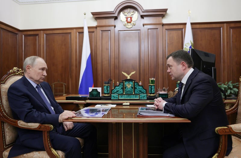 Putin meeting with the CEO of Promsvyazbank Pyotr Fradkov in Moscow today.
