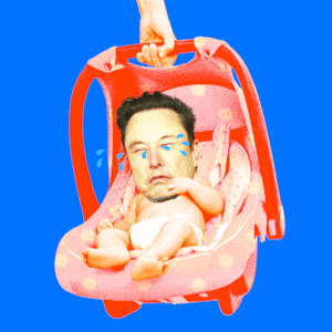 Elon Musk's crying head on top of a baby in a baby carseat carrier