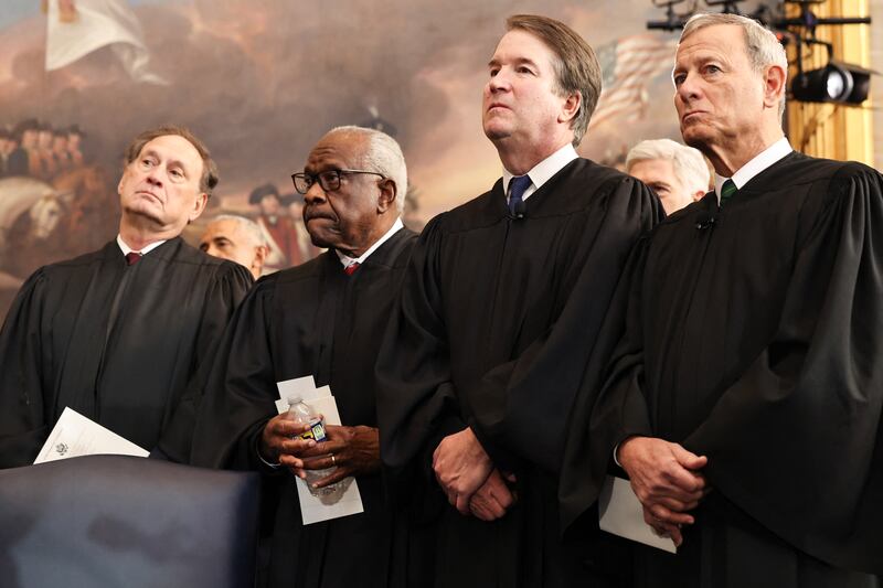 (From L-R) US Associate Supreme Court Justices Samuel Alito, Jr., Clarence Thomas and Brett Kavanaugh and U.S. Supreme Court Chief Justice John Roberts look on during inauguration ceremonies in the Rotunda of the U.S. Capitol on January 20, 2025 in Washington, DC. Donald Trump takes office for his second term as the 47th president of the United States. (Photo by Chip Somodevilla / POOL / AFP) (Photo by CHIP SOMODEVILLA/POOL/AFP via Getty Images)