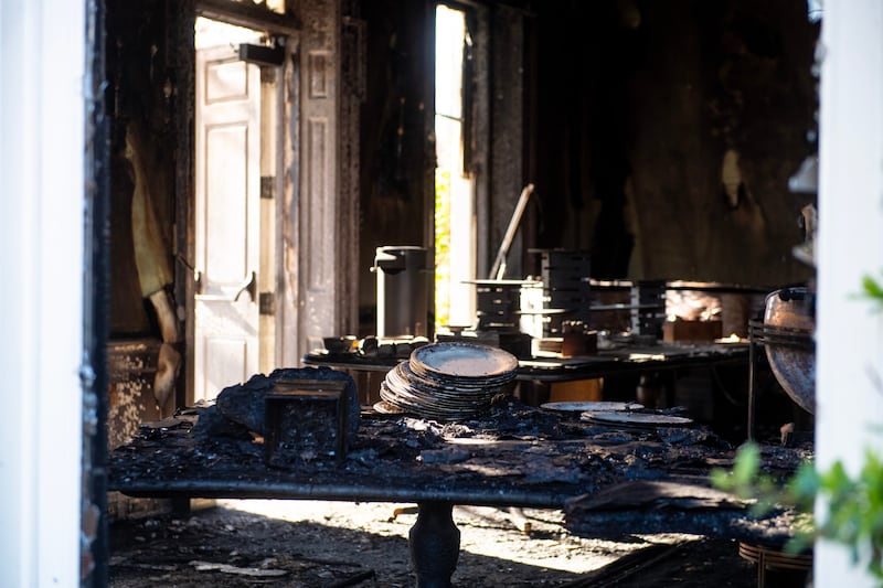 Extensive fire damage to the Pennsylvania Governor's Mansion and Gov. Josh Shapiro's residence is seen during a press conference on April 13, 2025 in Harrisburg, Pennsylvania.