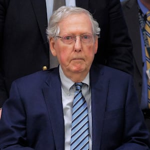 WASHINGTON, DC - FEBRUARY 18:  U.S. Sen. Mitch McConnell (R-KY) is pushed in a wheelchair as he heads for votes at the Capitol on February 18, 2025 in Washington, DC. President Donald Trump said Tuesday that Ukraine "should have never started it" in comments about Russia's invasion of the country in February 2022. (Photo by Chip Somodevilla/Getty Images)