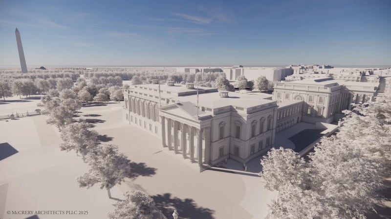 A rendering of the planned White House ballroom as viewed from the northeast.