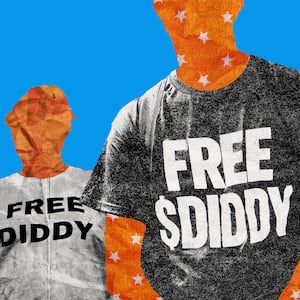 Photo collage of three people wearing "Free Diddy" "Free $Diddy" and "Free Puff" shirts on a blue background