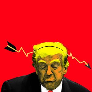 Donald Trump with a downward arrow going through his head