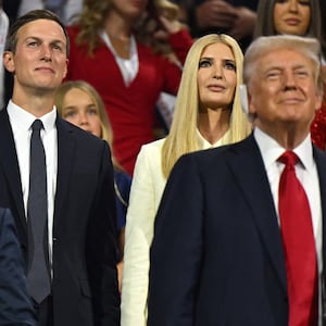Jared Kushner and the daughters of President-elect Donald Trump, Ivanka Trump and Tiffany Trump, stand behind Trump during the 2024 Republican National Convention in Milwaukee, Wisconsin, on July 18, 2024.