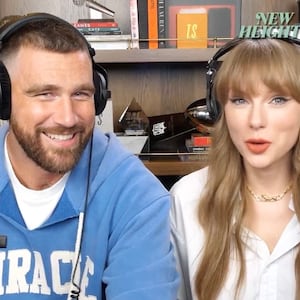 Taylor Swift with Travis and Jason Kelce on New Heights.