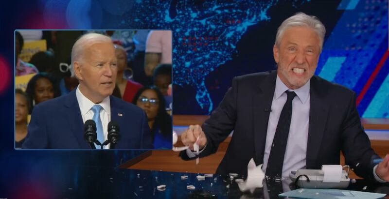 Jon Stewart breaking the coffee mug