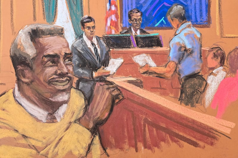 Sean "Diddy" Combs reacts as the jury foreperson and courtroom deputy read verdicts before U.S. District Judge Arun Subramanian of the five counts against him, during Combs' sex trafficking trial in New York City, New York, U.S., July 2, 2025 in this courtroom sketch.