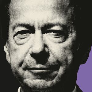 Photo illustration of John Paulson and the Star Wars Death Star on a purple, beige, and grey background