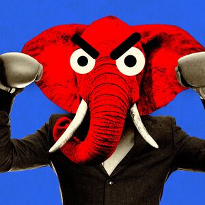 Alt: A photo illustration of a man with an angry elephant head flexing