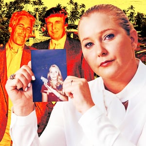 A photo illustration of Jeffrey Epstein, Donald Trump, and Virginia Giuffre, with a photo of herself as a teen.