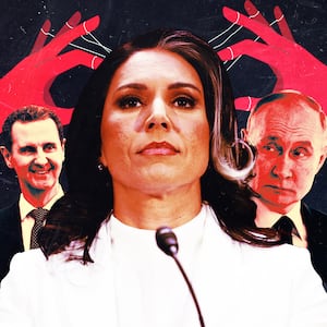 A photo illustration of Tulsi Gabbard, Bashar al-Assad, and Vladimir Putin.