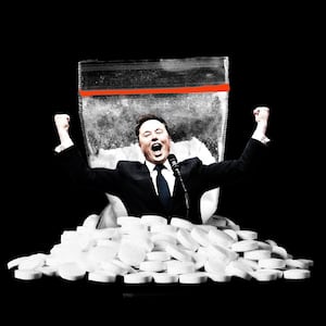 Elon Musk with raised excited hands coming out of pills and a bag of powder behind him