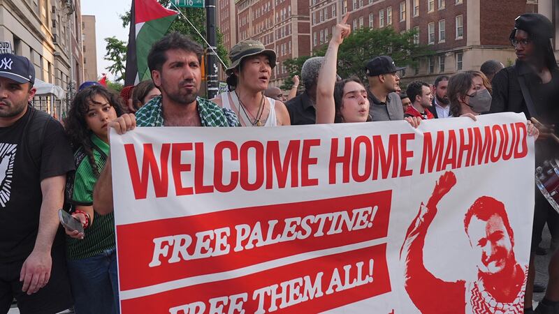 Protestors welcoming Mahmoud Khalil home to New York.