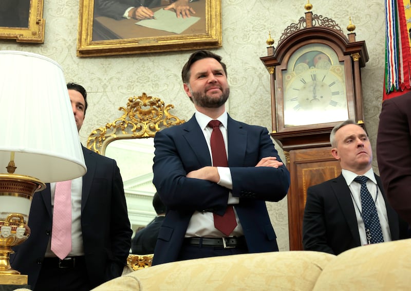 U.S. Vice President JD Vance listens as Donald Trump and U.S. Secretary of Defense Pete Hegseth deliver remarks in the Oval Office of the White House on March 21, 2025 in Washington, DC.