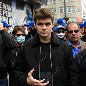 Nicholas Fuentes attends an anti-vaccine protest in 2021 in New York City.