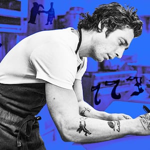 A photo illustration of Jeremy Allen White as Carmine in The Bear and his tattoos on the show.