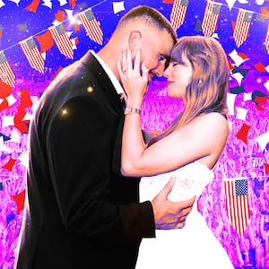 A photo illustration of Travis Kelce and Taylor Swift in wedding attire embracing in front of a Taylor Swift concert crowd with American flags and sparkles.