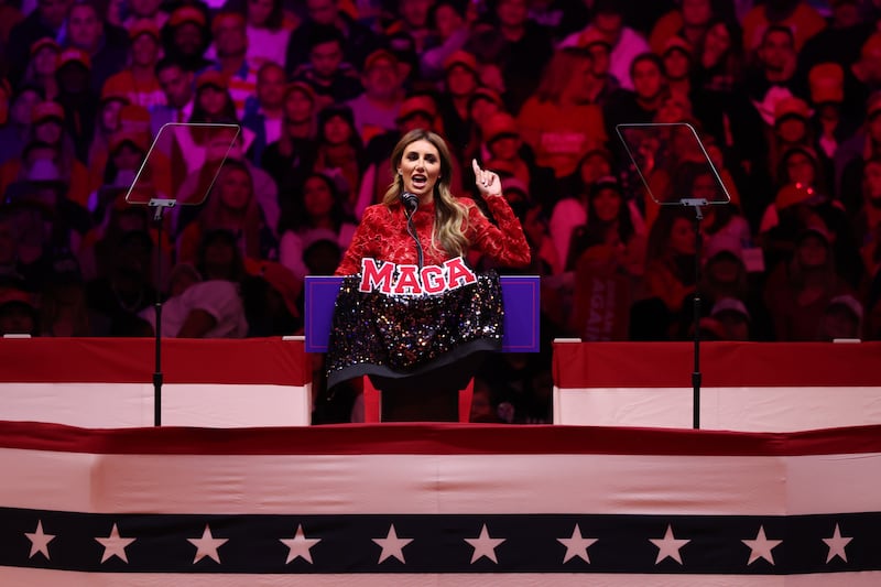 NEW YORK, NEW YORK - OCTOBER 27: Alina Habba, Senior Advisor to President Donald J. Trump, places a MAGA jacket on the podium as she speaks prior to Republican presidential nominee, former U.S. President Donald Trump taking the stage at a campaign rally at Madison Square Garden on October 27, 2024 in New York City.
