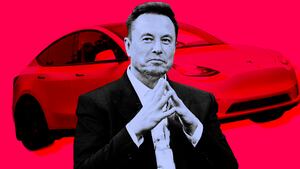 A photo illustration of Elon Musk and a Tesla vehicle.