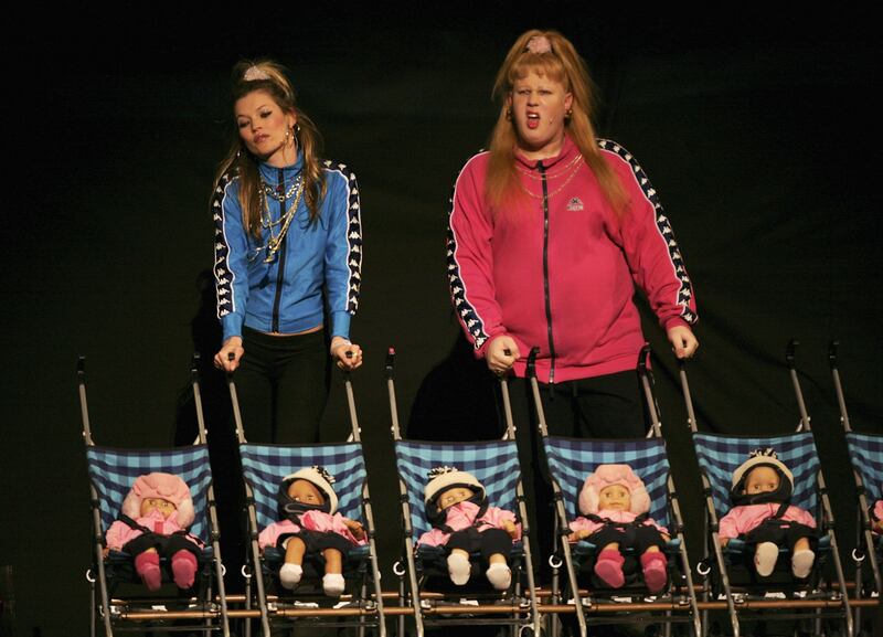 LONDON - NOVEMBER 22:  Model Kate Moss and Matt Lucas, as the Pollard sisters Katie and Vicky, perform on stage at "Little Britain's Big Night" charity gala performance in aid of Comic Relief at the Hammersmith Apollo on November 22, 2006 in London, England.  (Photo by Getty Images)