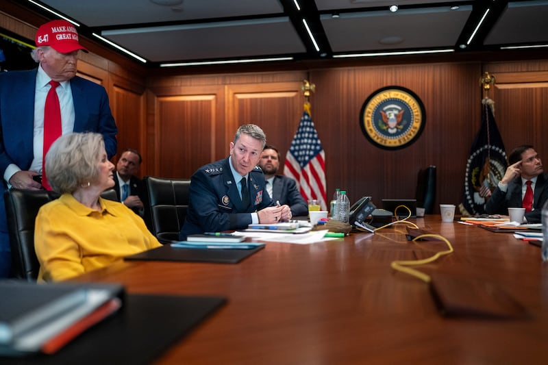 U.S. President Donald Trump holds a meeting with White House Chief of Staff Susie Wiles, Chairman of the Joint Chiefs of Staff General Dan Caine and other cabinet members in the Situation Room at the White House in Washington, D.C., U.S. June 21, 2025.