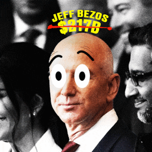 Jeff Bezos at the Inauguration with shocked eyes and his crossed out net worth above his head