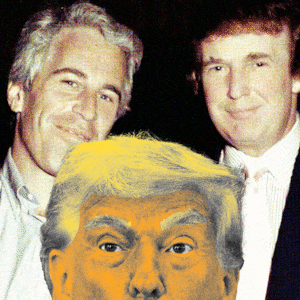 Donald Trump with a shocked face moving up and down in front of an image of him and Jeffrey Epstein