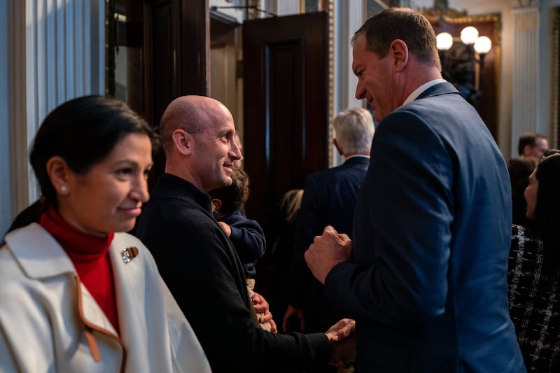 Stephen and Katie Miller following a swearing-in ceremony for newly confirmed Secretary of Defense Pete Hegseth on January 25, 2025.