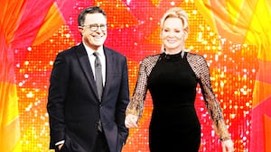 A photo illustration of Stephen Colbert and Jean Smart.