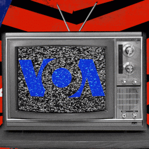 An animated GIF of a TV with the logo of Voice of America on it and static noise.