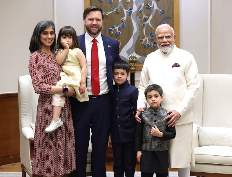 Indian Prime Minister Narendra Modi meets Vice President of the United States, JD Vance and his family at his residence in New Delhi, India on April 21, 2025.