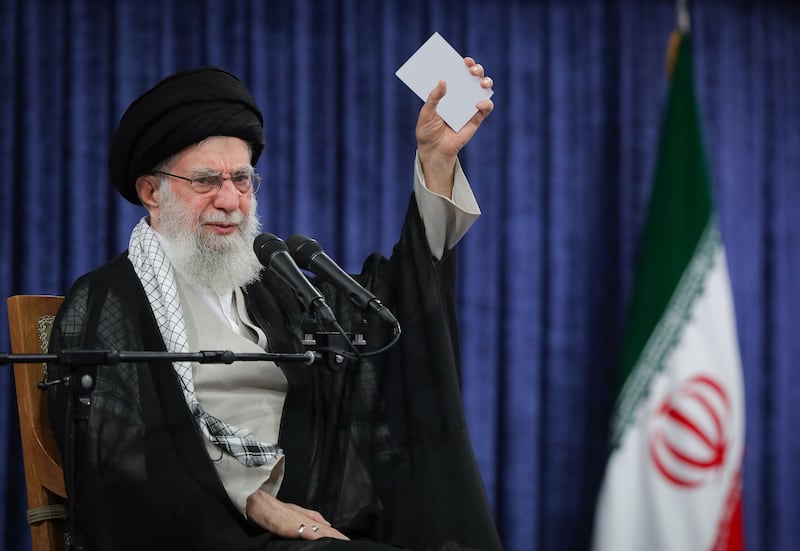 TEHRAN, IRAN - MAY 20: (----EDITORIAL USE ONLY - MANDATORY CREDIT - 'IRANIAN LEADER PRESS OFFICE / HANDOUT' - NO MARKETING NO ADVERTISING CAMPAIGNS - DISTRIBUTED AS A SERVICE TO CLIENTS----) Iranian Supreme Leader Ayatollah Ali Khamenei makes the remarks during a ceremony marking the first anniversary of the death of former Iranian President Ebrahim Raisi, who died in a helicopter crash in northern Iran last year, in Tehran, Iran, on May 20, 2025. Iran's Supreme Leader Ayatollah Ali Khamenei said Tuesday that he does not believe the ongoing indirect nuclear negotiations between Tehran and Washington will lead to "any meaningful outcome." (Photo by Iranian Leader Press Office / Handout/Anadolu via Getty Images)