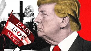 A photo illustration of Donald Trump among anti-abortion supporters