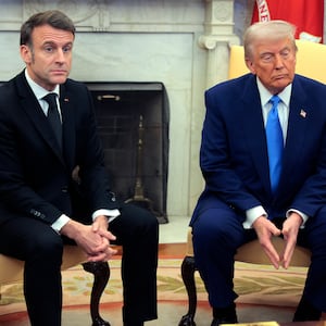 President Donald Trump meets with President Emmanuel Macron in the Oval Office at the White House on February 24, 2025.