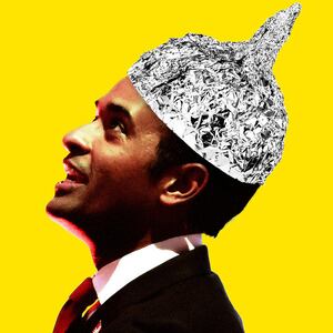Photo illustration of Vivek Ramaswamy wearing a tinfoil hat on a yellow background