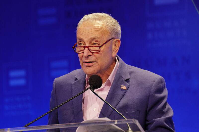 NEW YORK, NEW YORK - FEBRUARY 01: Chuck Schumer speaks onstage during the Human Rights Campaign 2025 Greater New York Dinner at Marriott Marquis Times Square on February 01, 2025 in New York City.  (Photo by Craig Barritt/Getty Images for Human Rights Campaign)