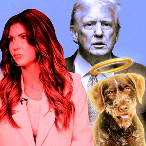 A photo illustration of Kristi Noem, Donald Trump, and an angel dog.