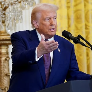 U.S. President Donald Trump speaks during a joint press conference with Indian Prime Minister Narendra Modi at the White House in Washington, D.C., U.S., February 13, 2025.
