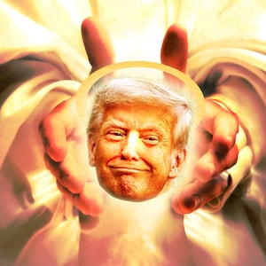 Donald Trump with a halo being held in the hands of a figure resembling God with clouds and a glow