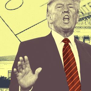 A photo illustration of Donald Trump in front of the Supreme Court with a ballot behind it