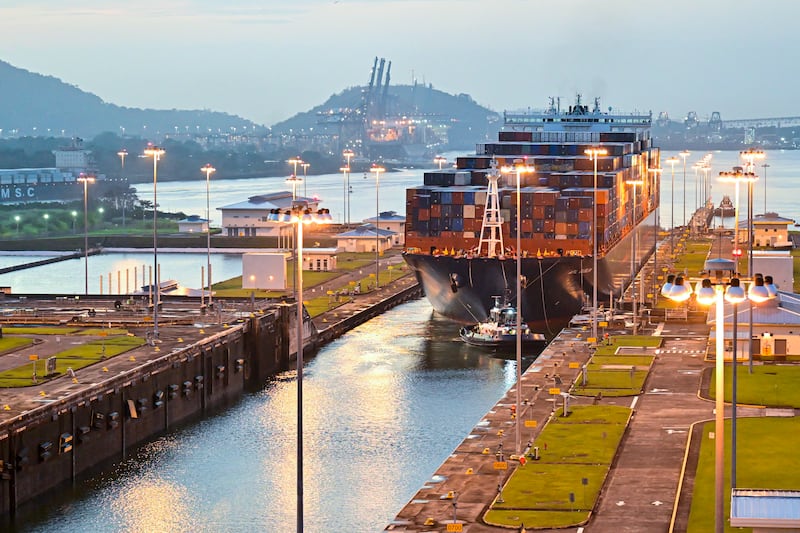 A cargo ship transits through Panama Canal Cocoli locks in Panama City on February 21, 2025.