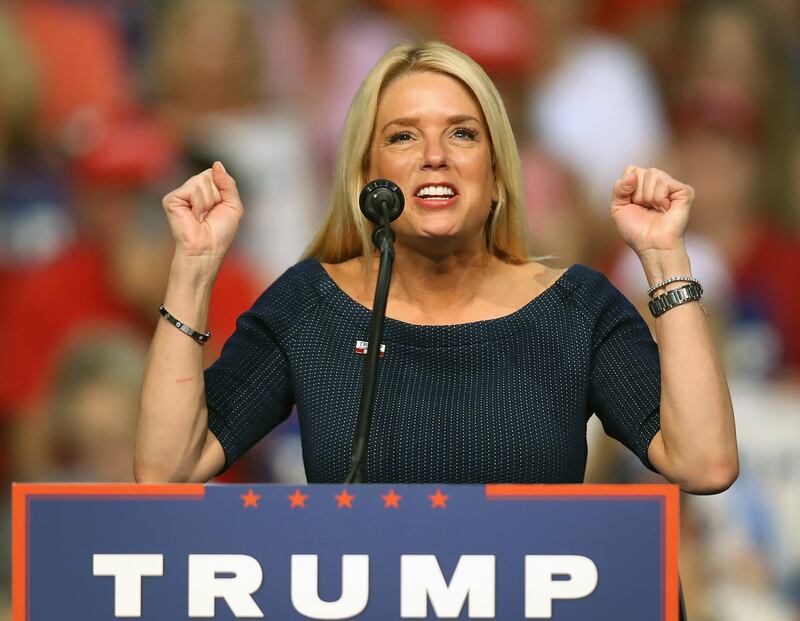 Florida Attorney General Pam Bondi speaks before the arrival of Republican presidential nominee Donald Trump during his campaign event at the Ocean Center Convention Center on August 3, 2016 in Daytona, Florida. Trump continued to campaign for his run for president of the United States.