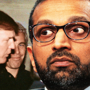 Photograph of Jeffrey Epstein and Donald Trump on one side and a photograph of John Bolton on the other, behind the head of Kash Patel with his eyes darting back and forth