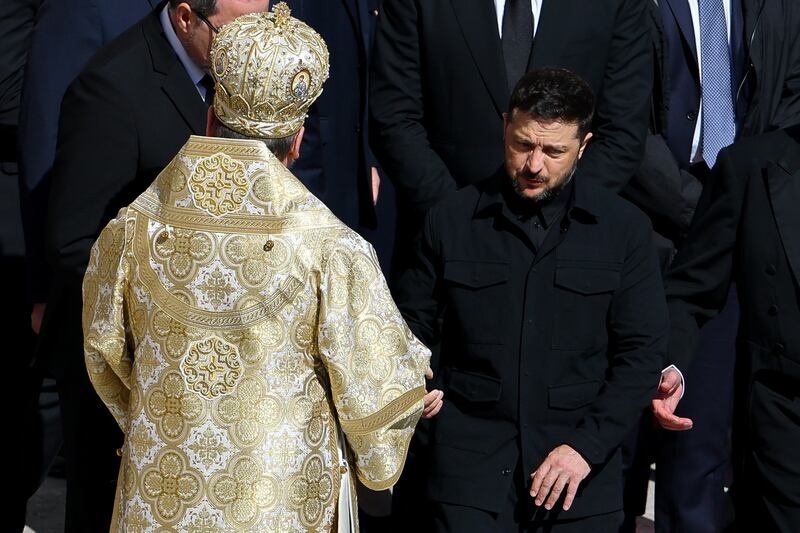 Ukraine President Volodymyr Zelenskiy stands on the day of the funeral Mass of Pope Francis, at the Vatican, April 26, 2025.