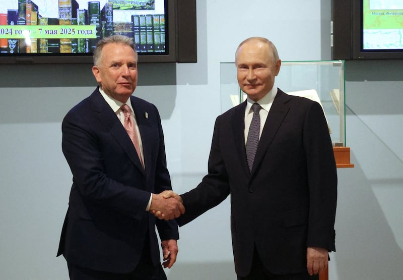 Russian President Vladimir Putin shakes hands with President Donald Trump's envoy Steve Witkoff during a meeting in Saint Petersburg on April 11. The two are set to meet again on Friday.